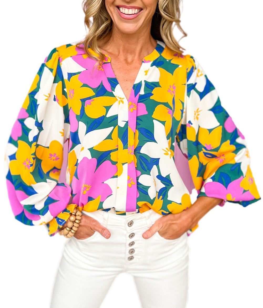 Magenta Gold Floral V Neck Lantern Sleeve Blouse
