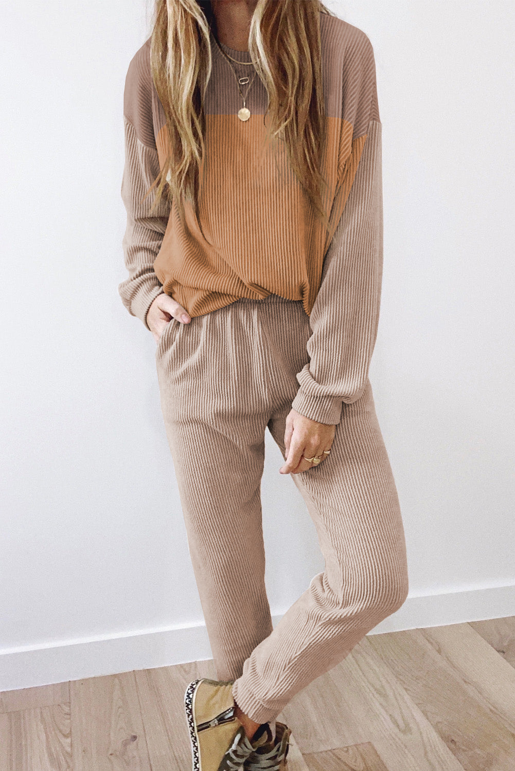 Corded 2pcs Colorblock Pullover and Pants Outfit