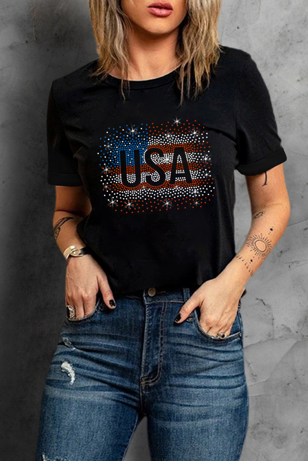 Rhinestone America Flag USA Graphic T Shirt