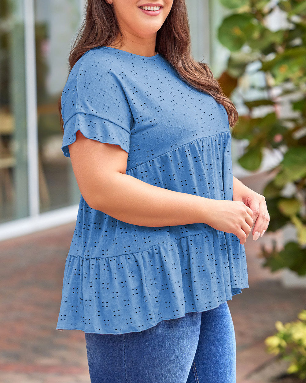 Plus Size Eyelet Pattern Ruffle Sleeve Babydoll Top