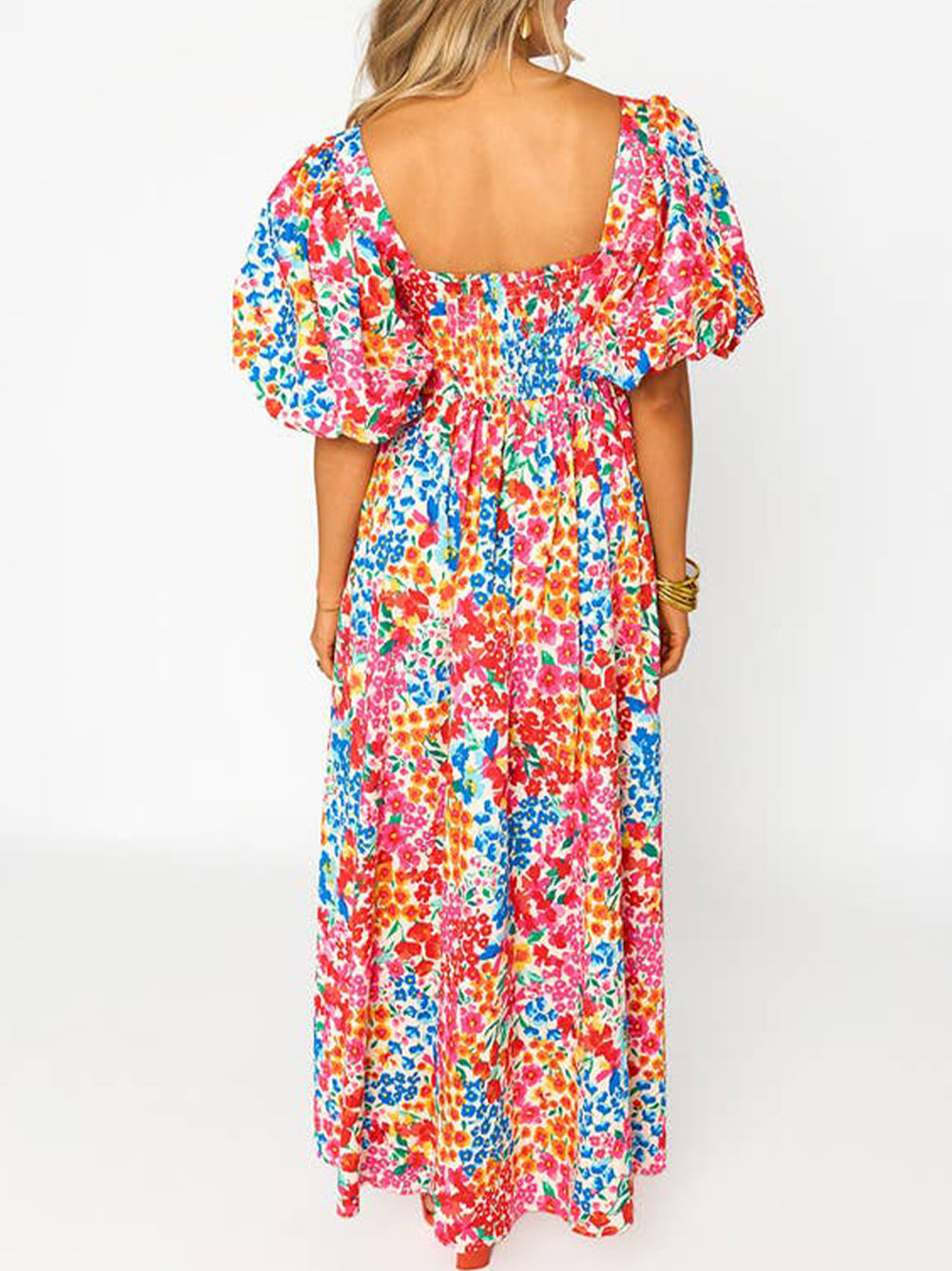 Puff Sleeve Thigh High Split Floral Maxi Dress