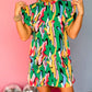 Abstract Print Frilled Neck Ruffled Sleeve Mini Dress