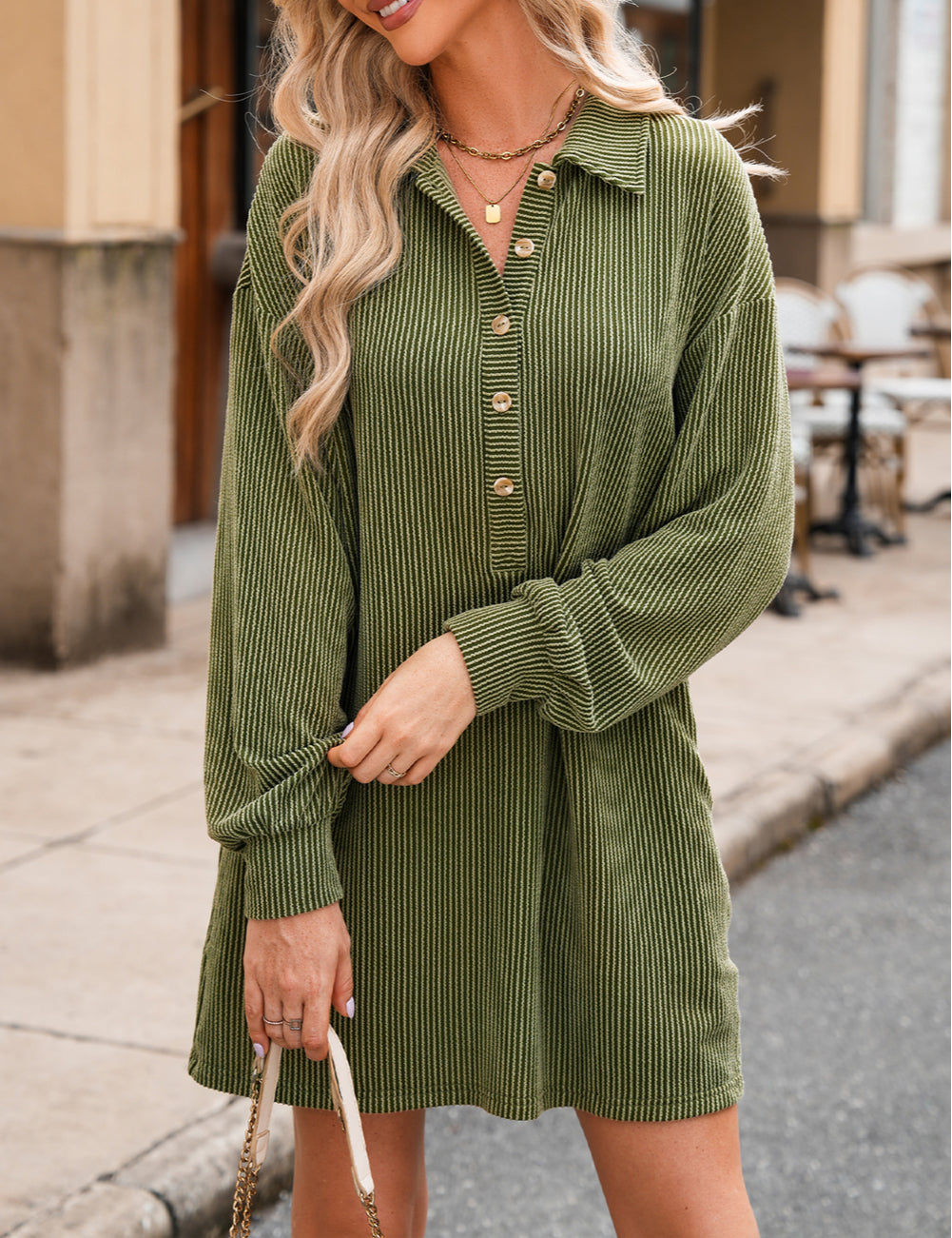 Corded Buttons Placket Drop Shoulder Collared Shift Dress