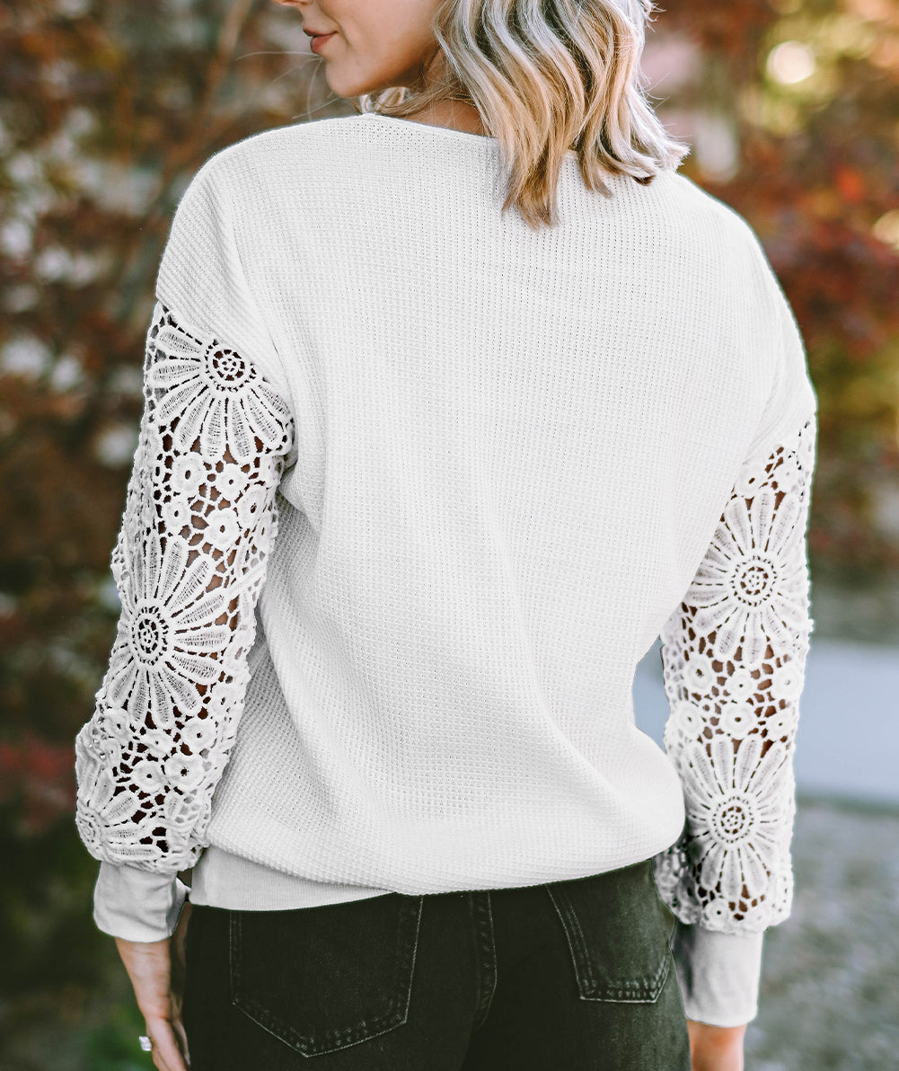 Lace Splicing V Neck Puff Sleeve Top