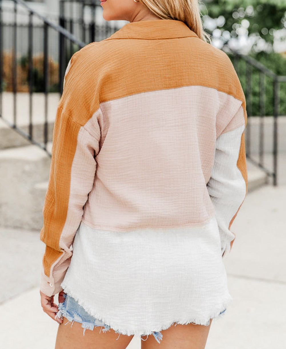 Color Block Buttoned Raw Hem Textured Shirt