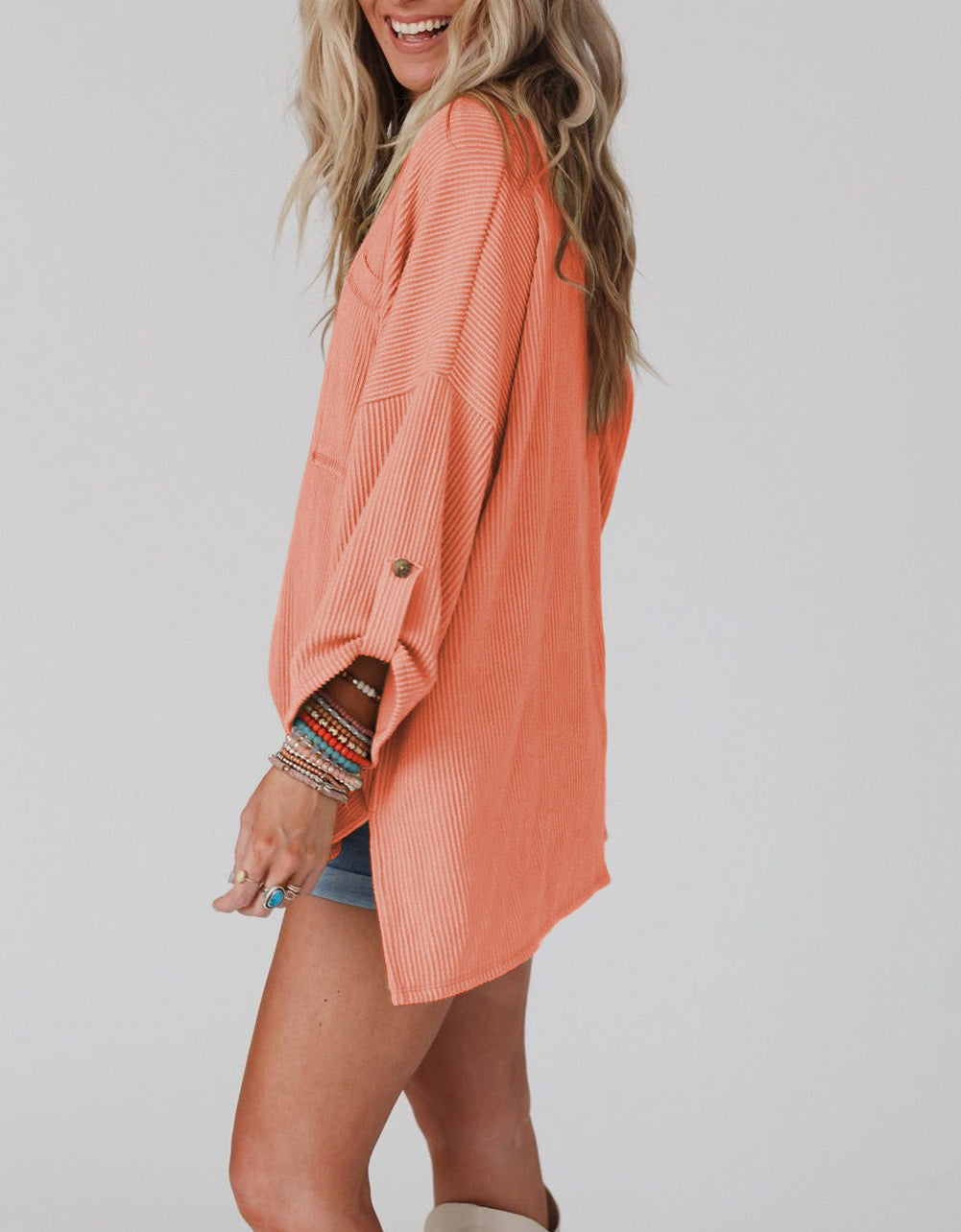 Ribbed Roll-tab Sleeve Chest Pocket Oversize Top