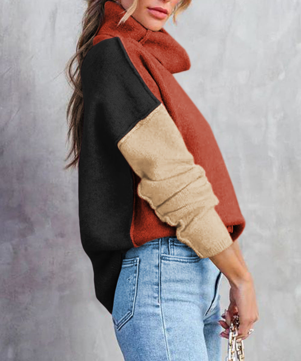 Color Block Turtle Neck Drop Shoulder Knit Sweater
