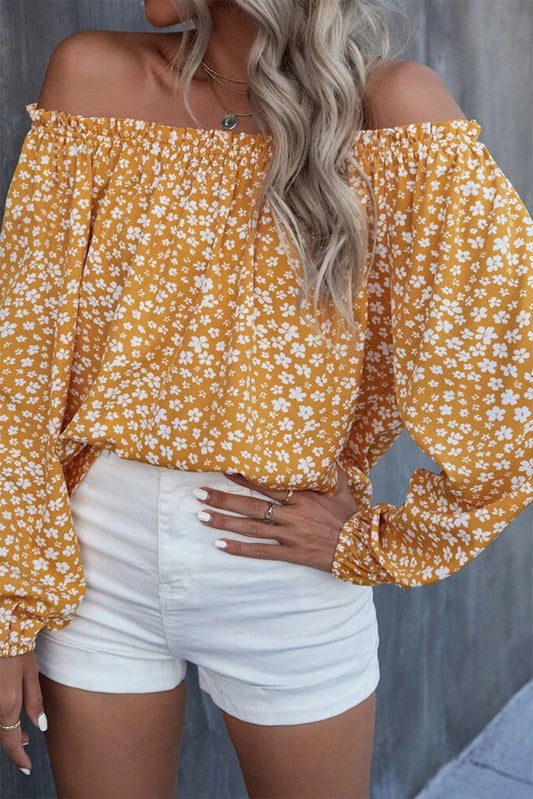 Floral Print Frill Trim Off-shoulder Lantern Sleeve Blouse