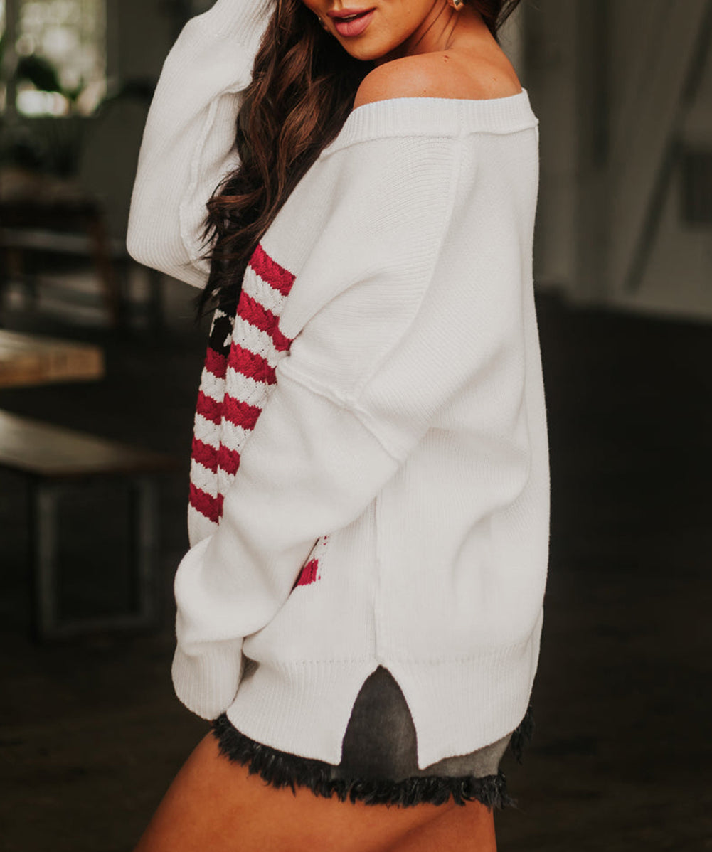 American Flag Cable Knit Drop Shoulder Sweater