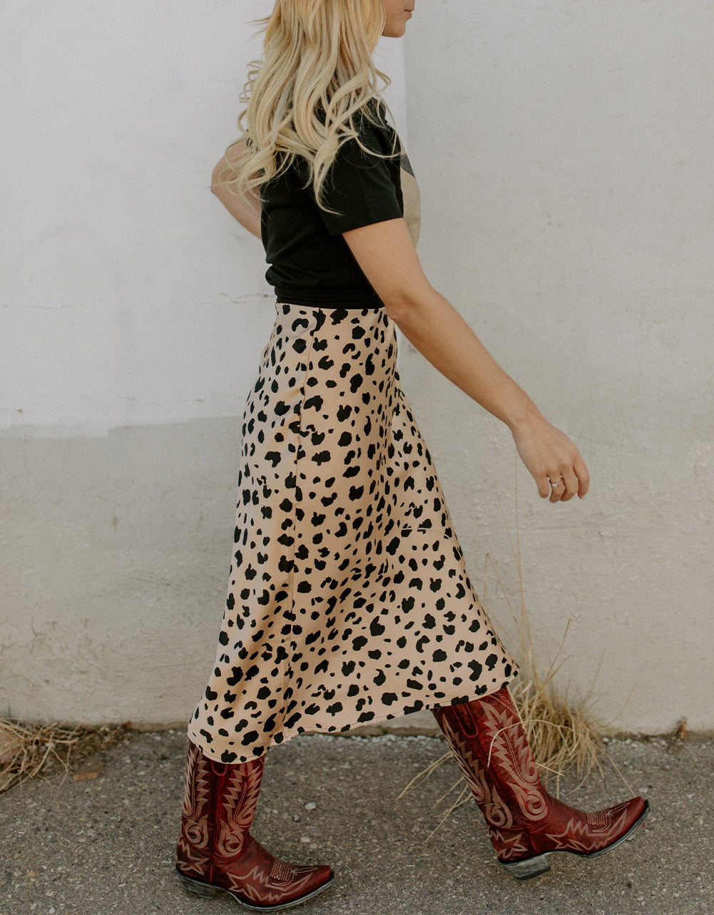 Leopard Spots Printed Split Hem Midi Skirt