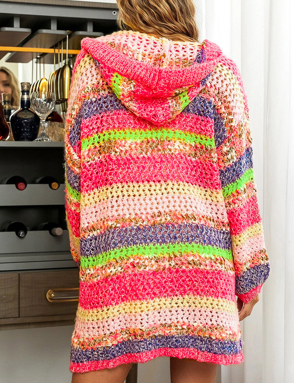Striped Knitted Hooded Open Front Cardigan
