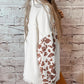 Cow Spot Patchwork Flap Pocket Distressed Hem Long Denim Jacket