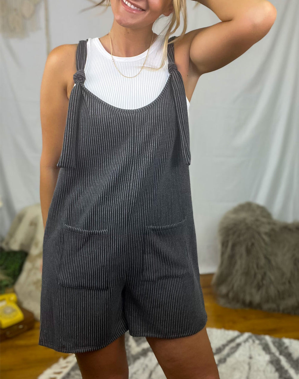 Striped Print Knotted Straps Pocketed Romper