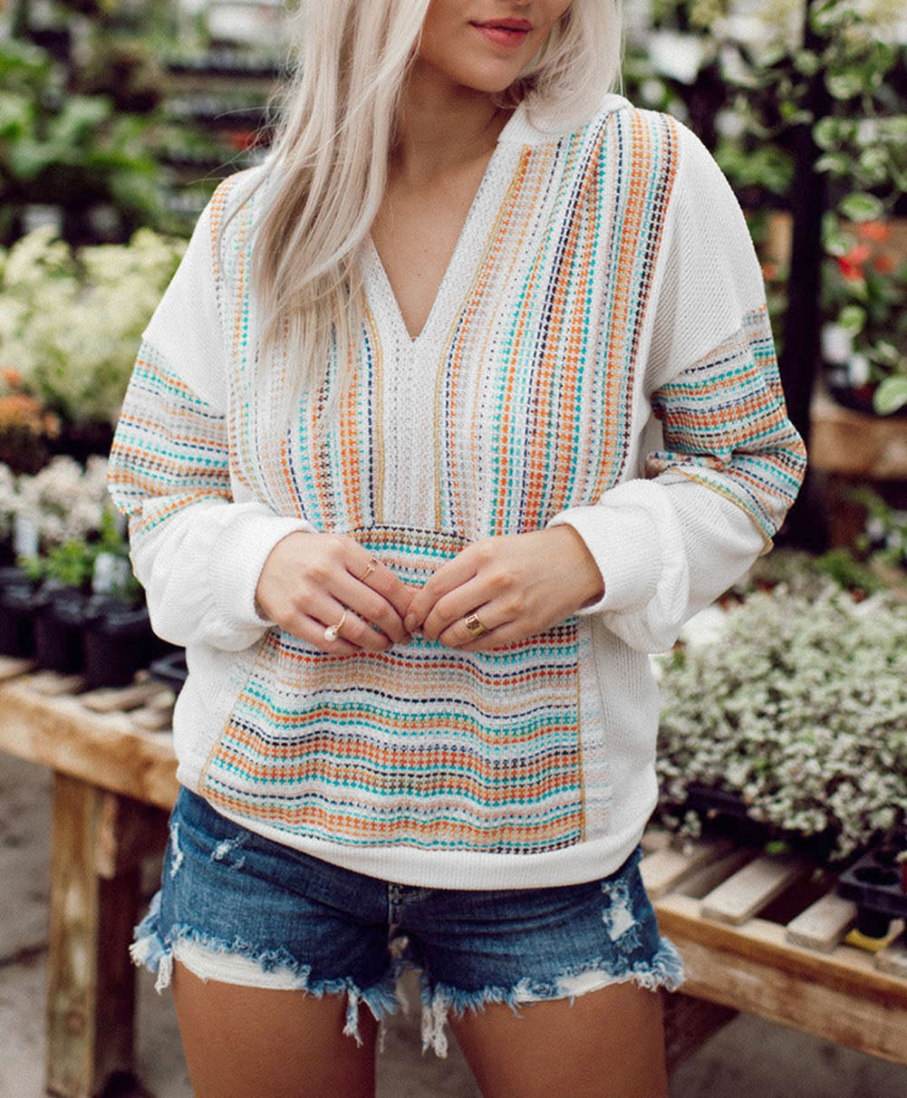 Striped Patchwork V Neck Drop Shoulder Knit Hoodie