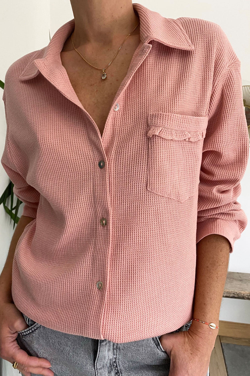 Frilled Pocket Waffle Knit Shacket