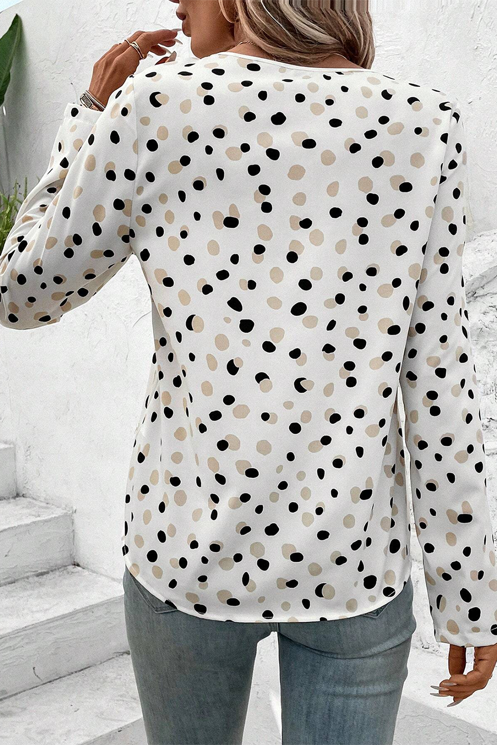 Polka Dot Print Button Front V Neck Blouse