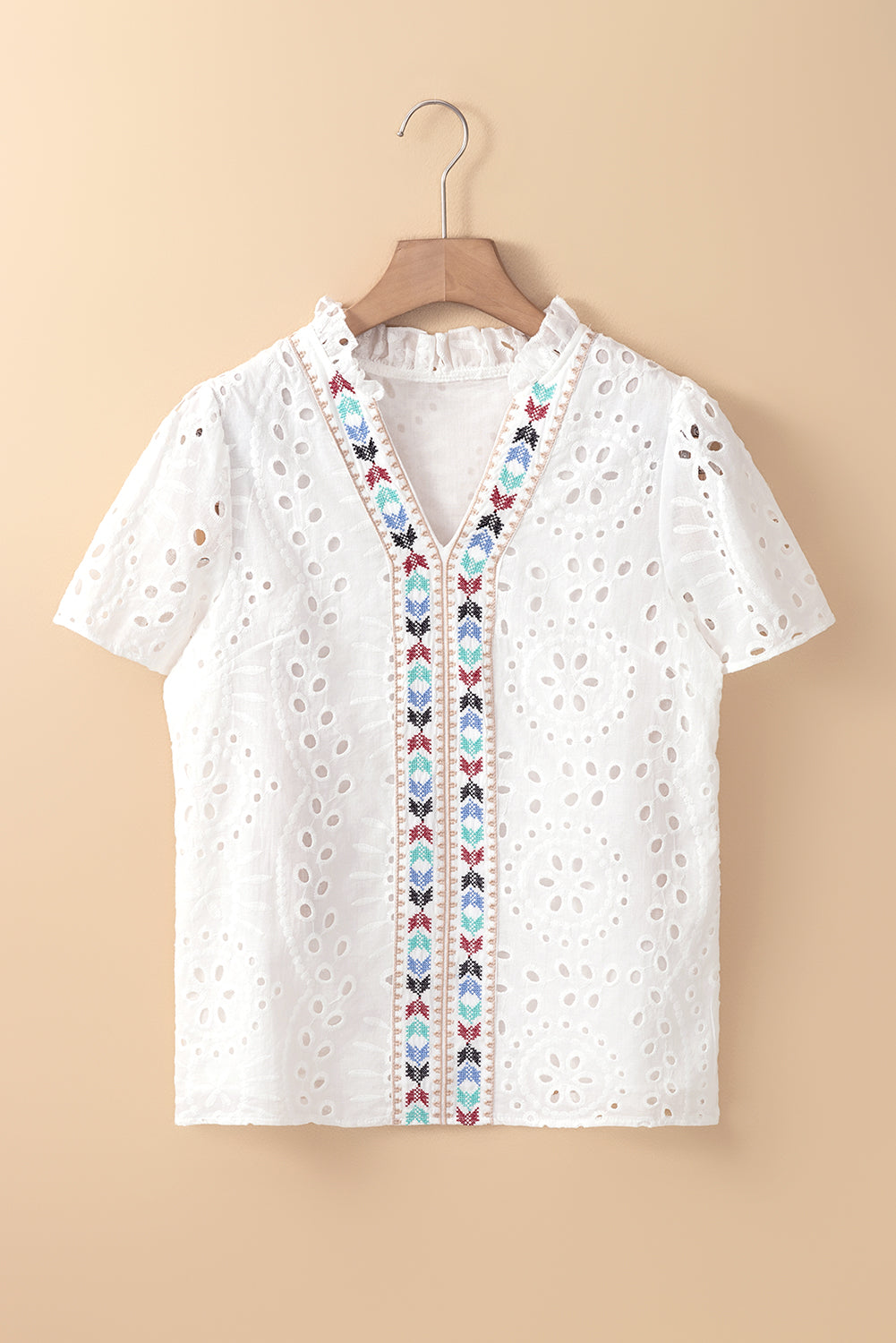 Geometric Embroidery Hollow Out Blouse