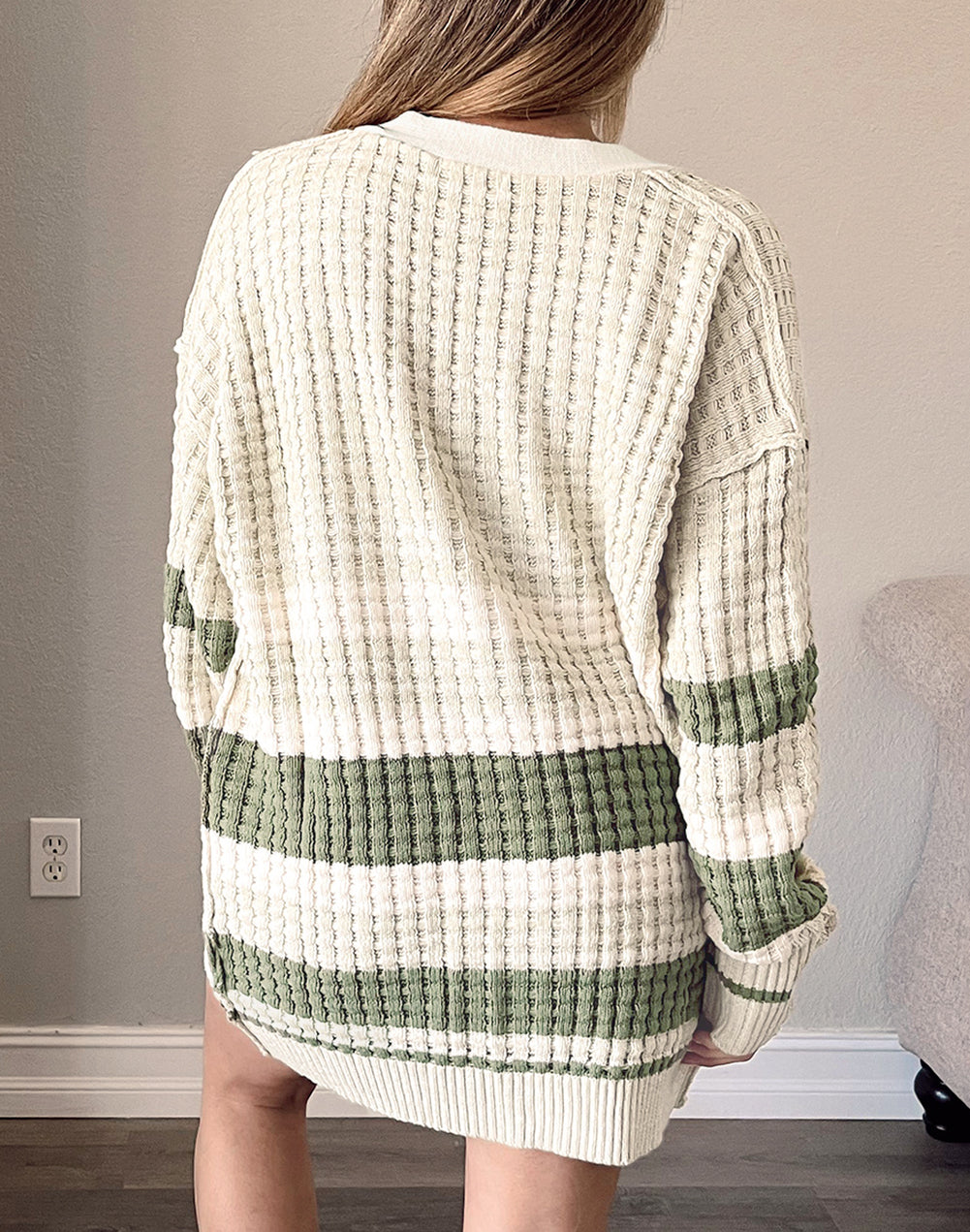 Plus Size Color Block Cable Knit Buttoned Cardigan