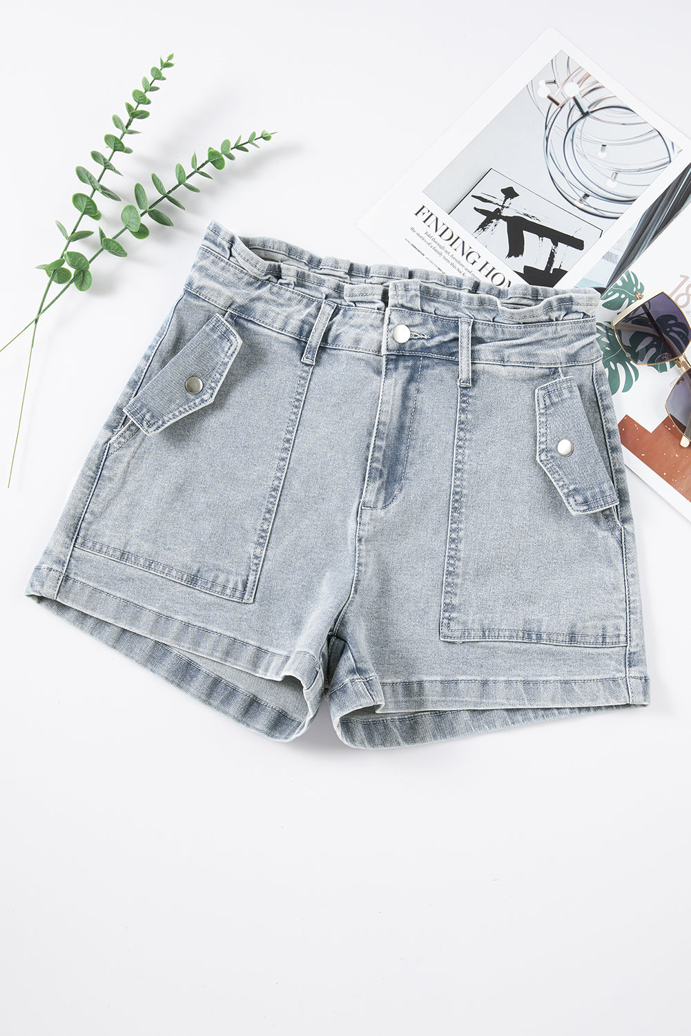 Ruffled High Waist Flap Pockets Denim Shorts