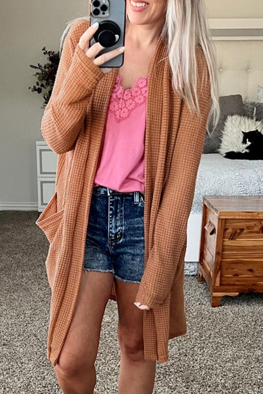 Waffled Knit Thumb Sleeve Pocketed Cardigan