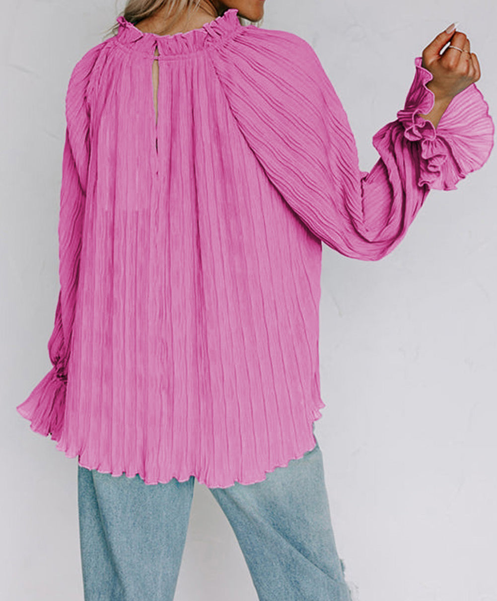 Striking Pleated Flared Cuff Long Sleeve Blouse