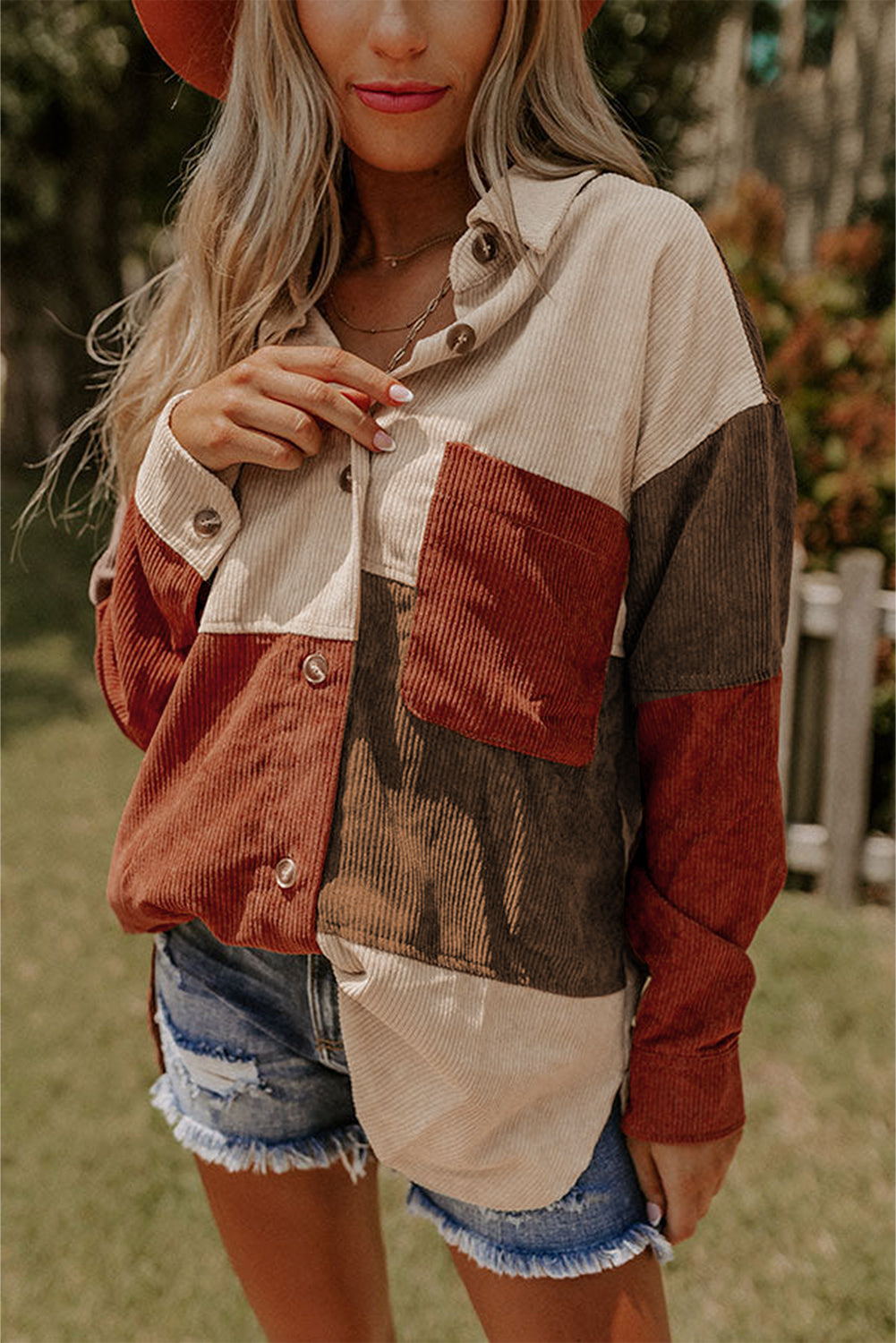 Colorblock Curved Hem Corduroy Shacket with Pocket