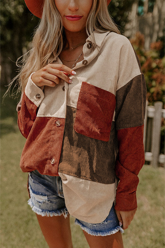 Colorblock Curved Hem Corduroy Shacket with Pocket
