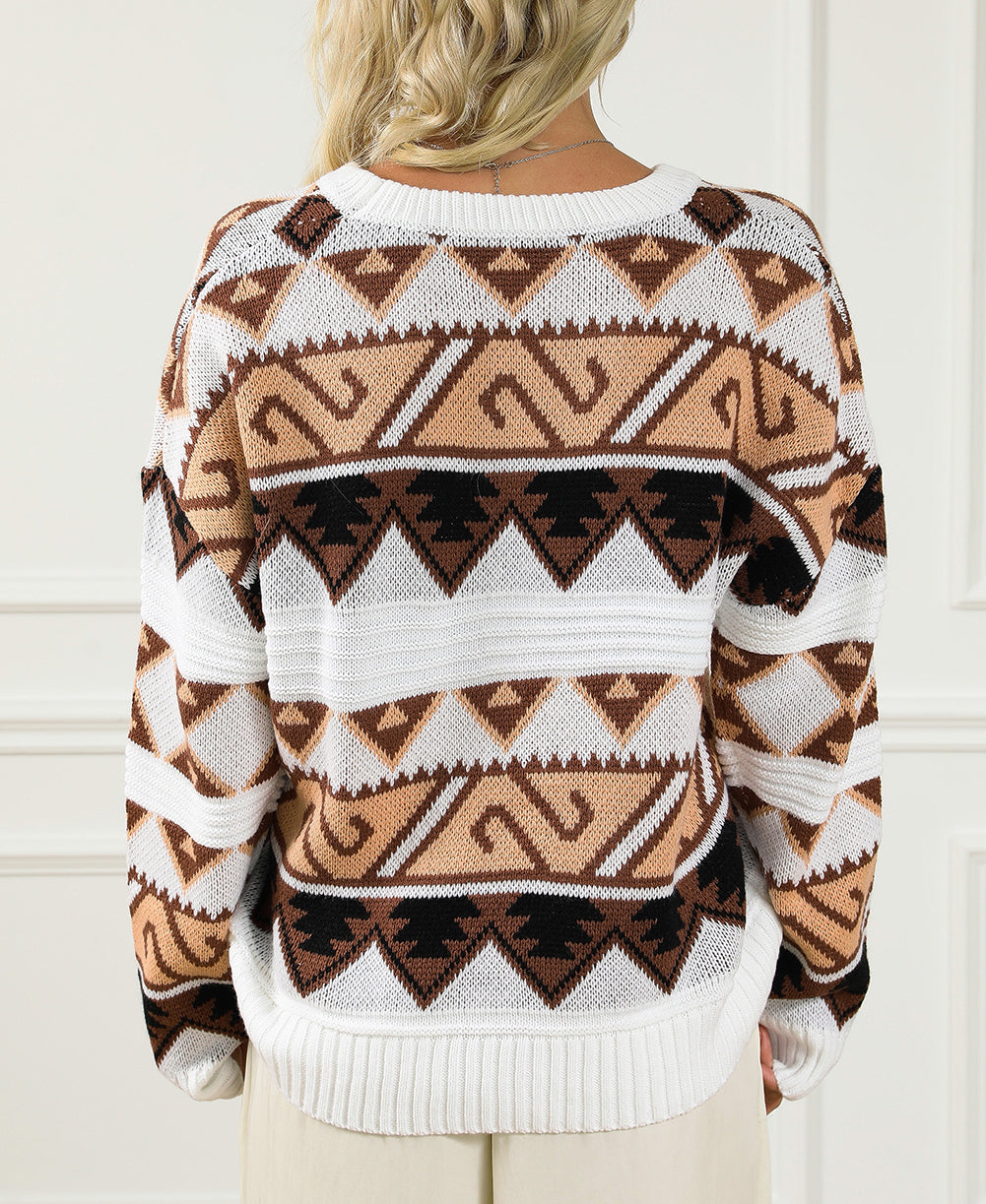 Geometric Print Crew Neck Drop Shoulder Sweater