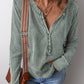 Acid Wash Waffle Knit Buttoned Neckline Long Sleeve Top