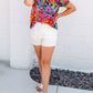 Floral Print Ruffle Trim Bubble Sleeve Split Neck Blouse