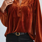 Lantern Sleeve Beaded Split V Neck Velvet Top