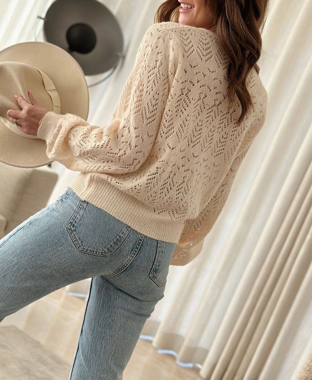 Hollowed Pattern Knit Round Neck Buttoned Cardigan