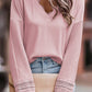 Ribbed Texture Lace Trim V Neck Long Sleeve Top