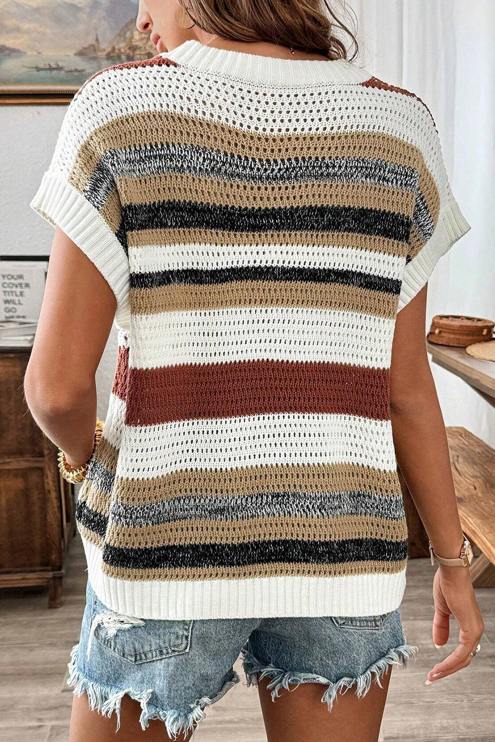 Stripe Color Block Eyelet Knit Short Sleeve Sweater Tee