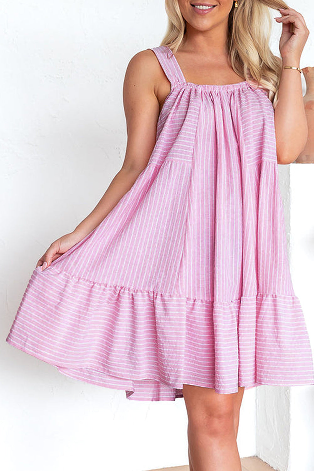 Stripe Pinstriped Ruffled Hem Sleeveless Mini Flared Dress