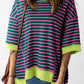 Stripe Oversized Contrast Trim Exposed Seam High Low T Shirt