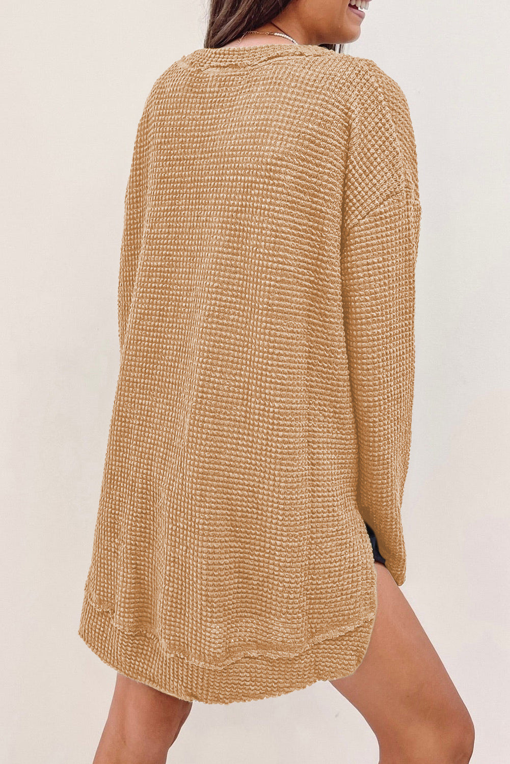 Waffle Knit High Slits Oversized Top