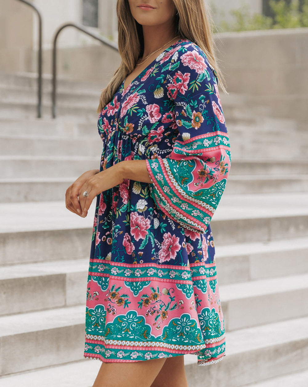 Boho Empire Waist Bracelet Sleeve Floral Dress