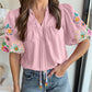 Floral Embroidered Puff Sleeve Split Neck Blouse