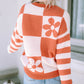 Checkered Floral Print Striped Sleeve Sweater
