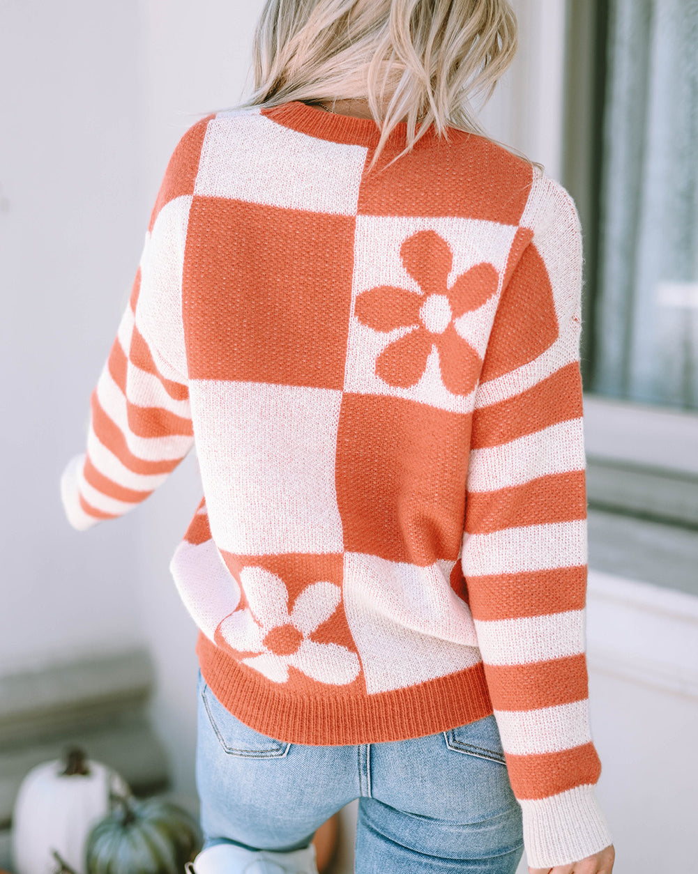 Checkered Floral Print Striped Sleeve Sweater