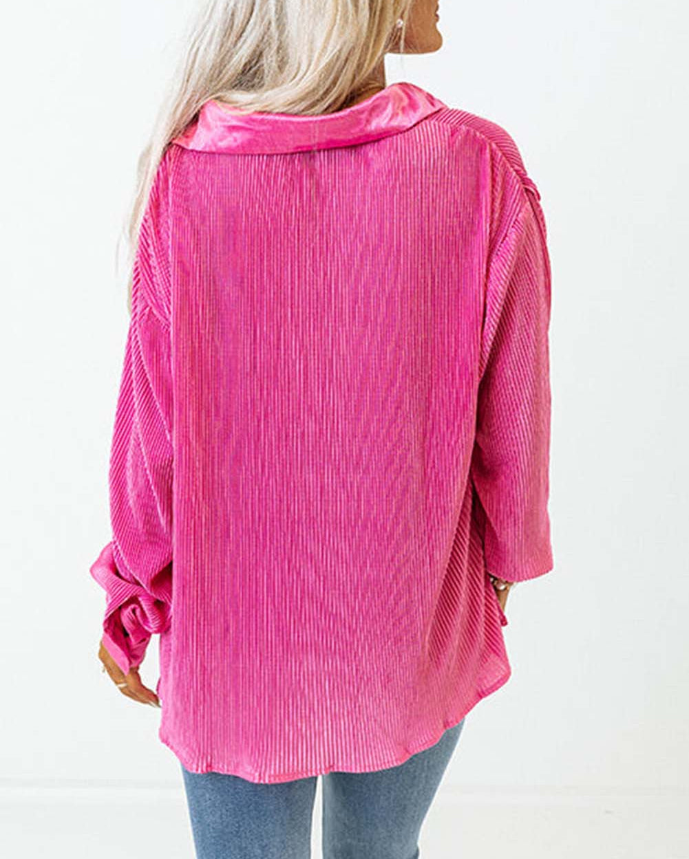 Pink V Neck Collared Button Pleated Shirt
