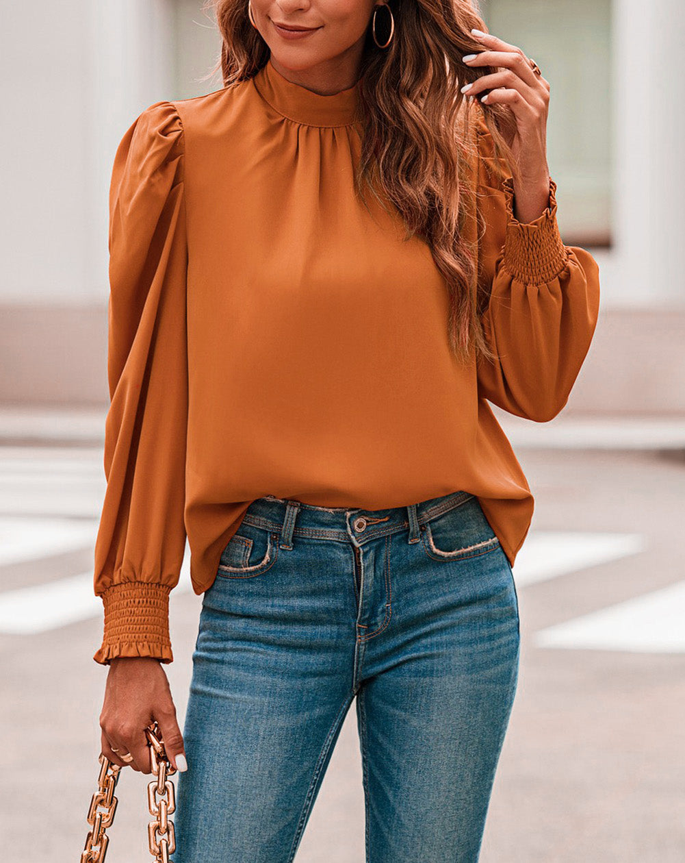 Long Bubble Sleeve Mock Neck Chiffon Top