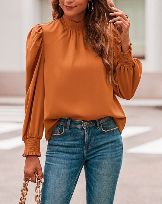 Long Bubble Sleeve Mock Neck Chiffon Top