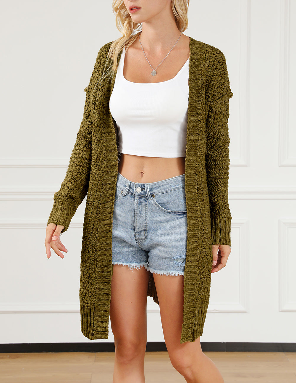 Exposed Seam Mixed Knit Drop Shoulder Cardigan