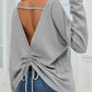 V Cut Drawstring Back Waffle Knit Long Sleeve Top