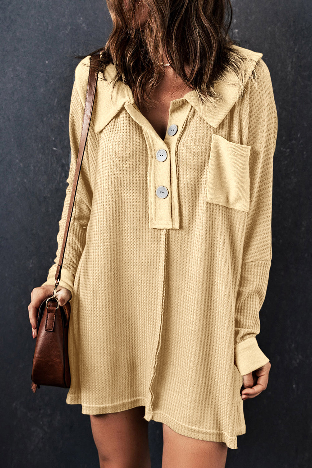 Waffle Knit Buttoned Long Sleeve Top