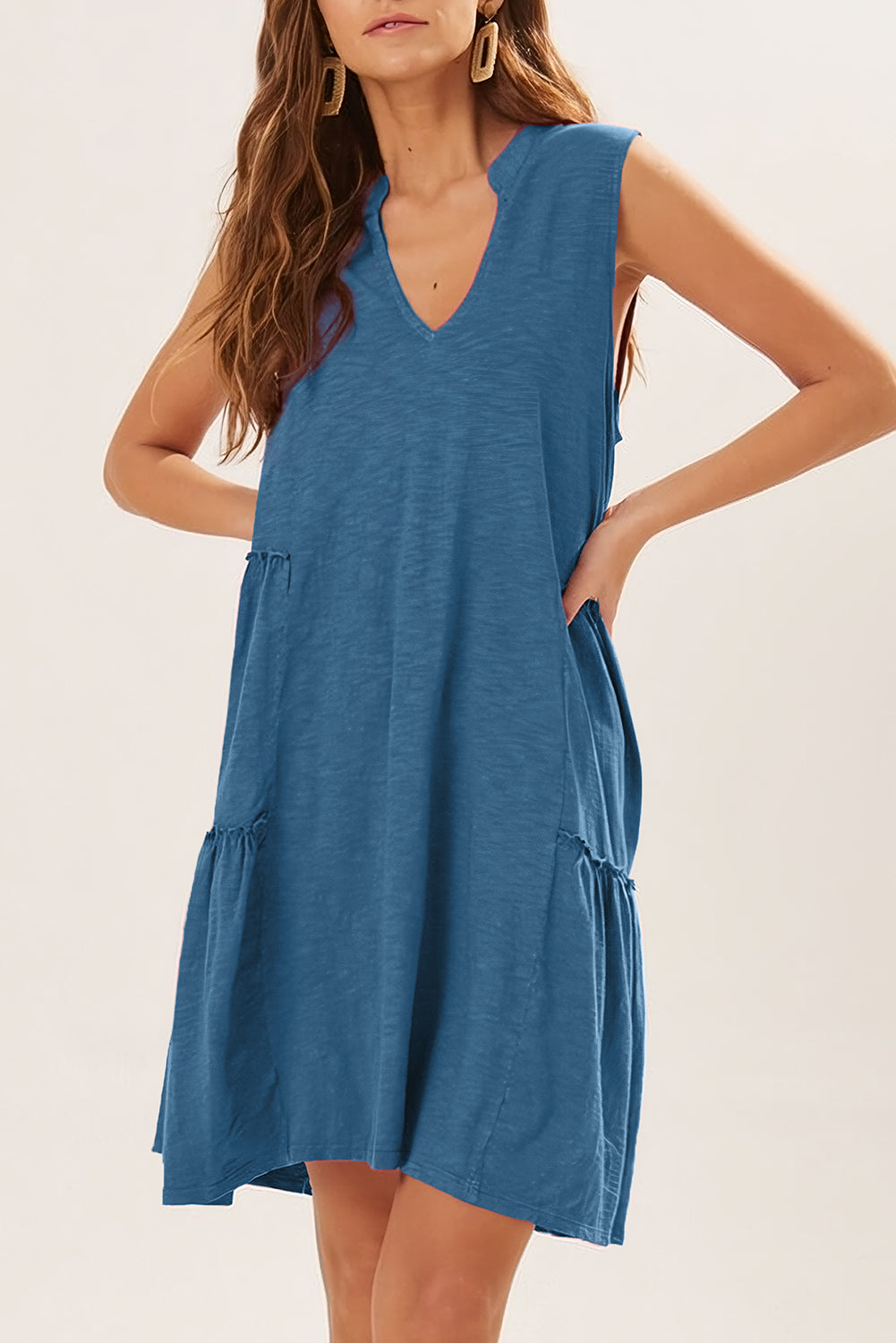 Split V Neck Tiered Flowy Sleeveless Dress