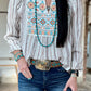 Stripe Notched Neckline Striped Aztec Embroidered Blouse