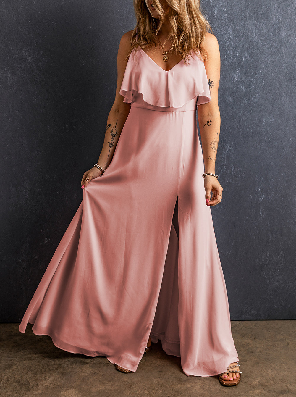 Spaghetti Straps V Neck Ruffled Split Long Dress